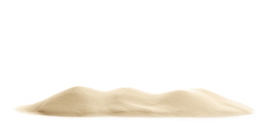 Photo of Heap of dry beach sand on white background