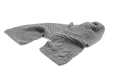 Photo of One grey knitted scarf on white background