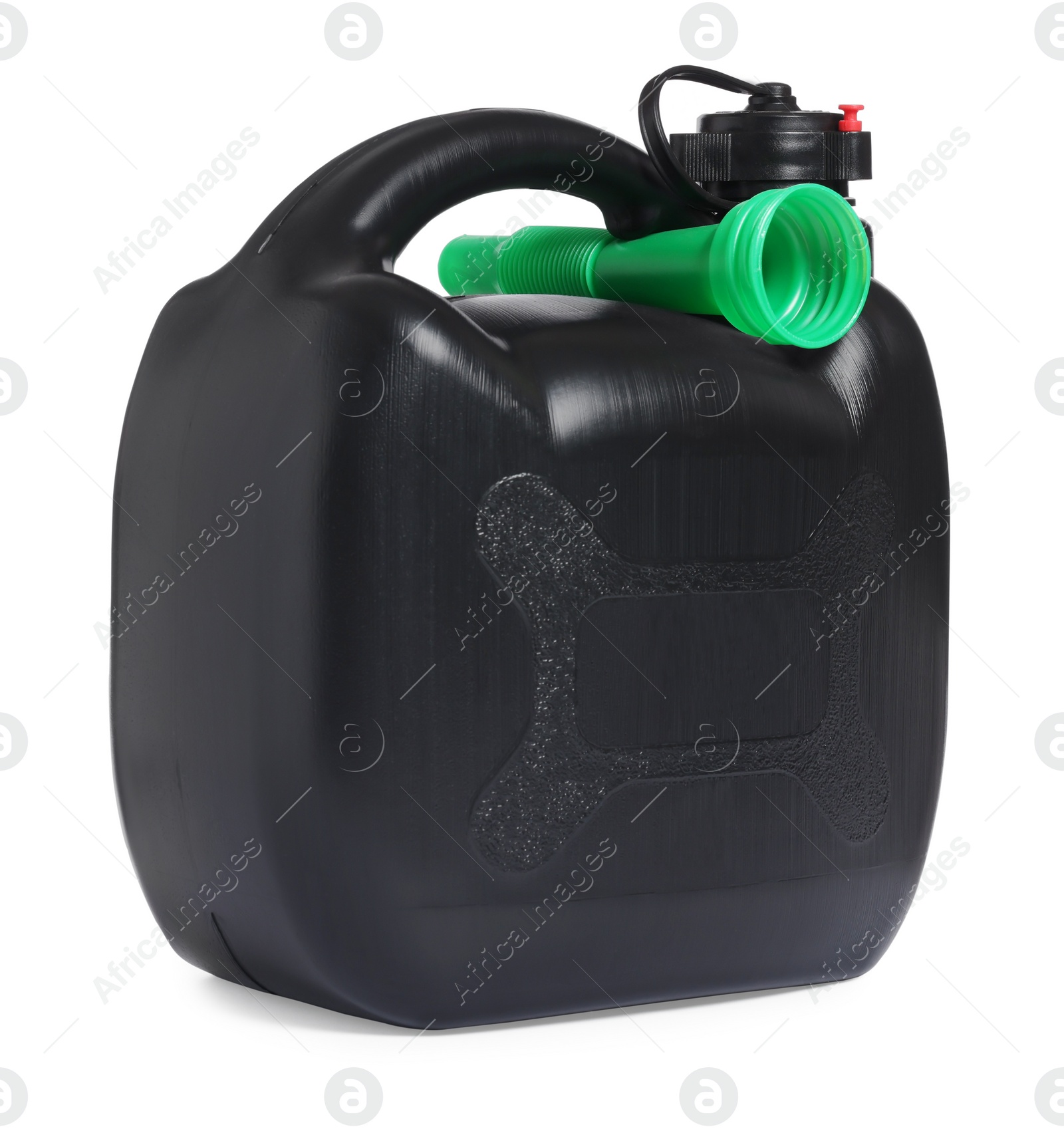 Photo of New black plastic canister isolated on white