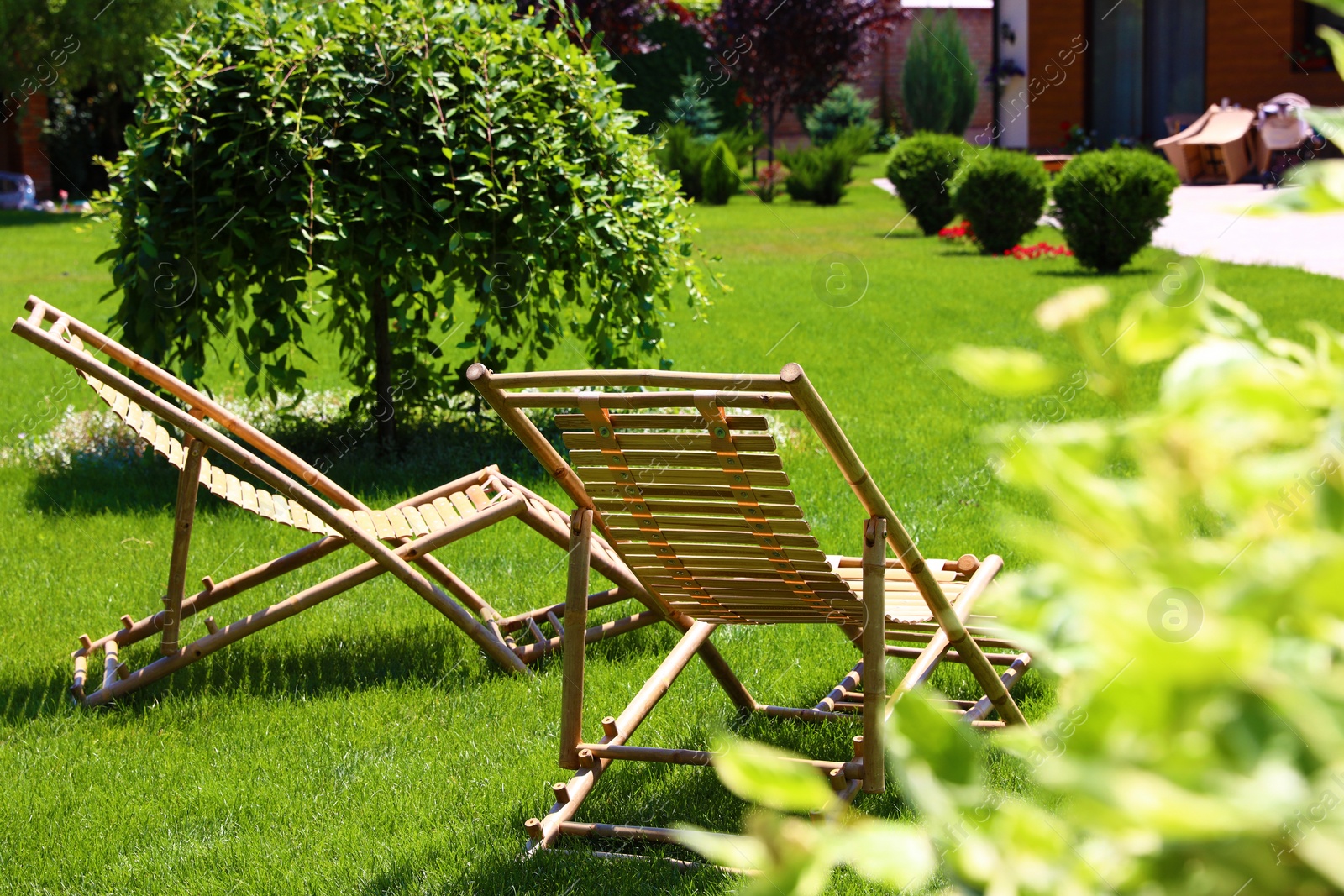 Photo of Wooden deck chairs in beautiful garden on sunny day