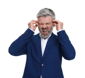 Emotional mature businessman in stylish clothes posing on white background