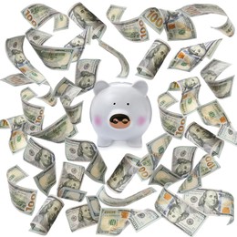 Image of Cute piggy bank and dollar banknotes flying on white background