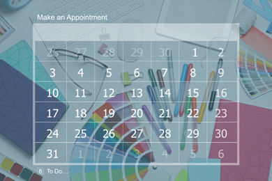 Image of Double exposure of calendar and designer's workplace. Personal schedule