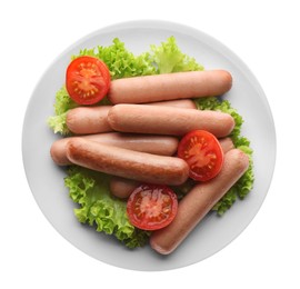 Photo of Delicious vegetarian sausages with lettuce and tomatoes on white background, top view