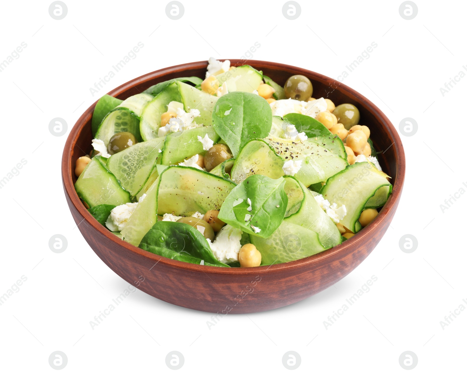 Photo of Bowl of delicious cucumber salad isolated on white