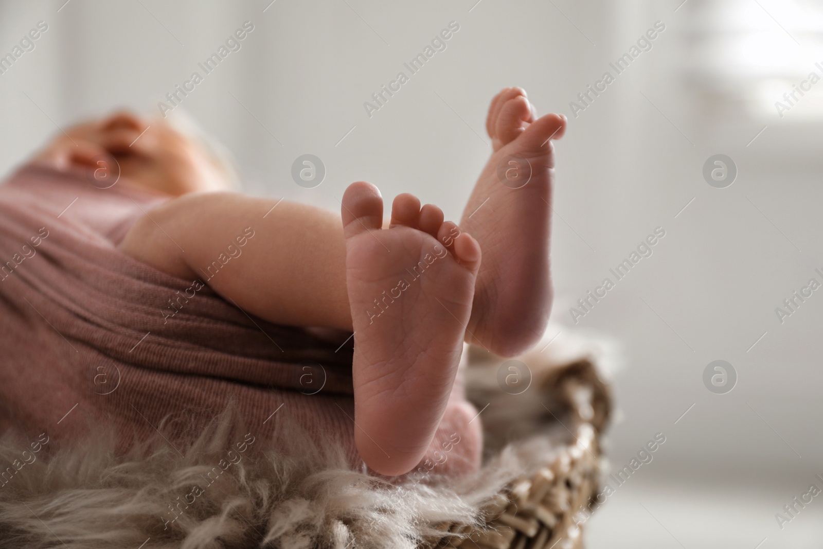 Photo of Cute newborn baby lying in wicker basket, focus on legs