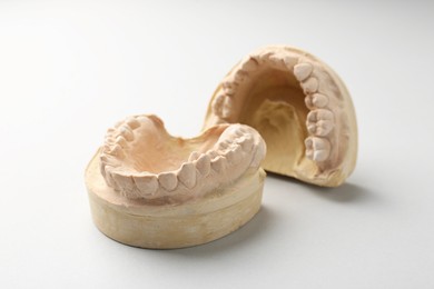 Dental model with gums on light grey background. Cast of teeth