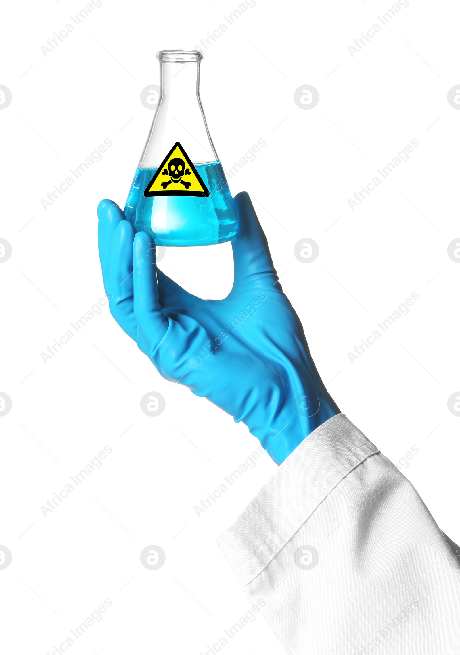 Image of Scientist in gloves holding glass bottle with blue toxic sample and warning sign on white background