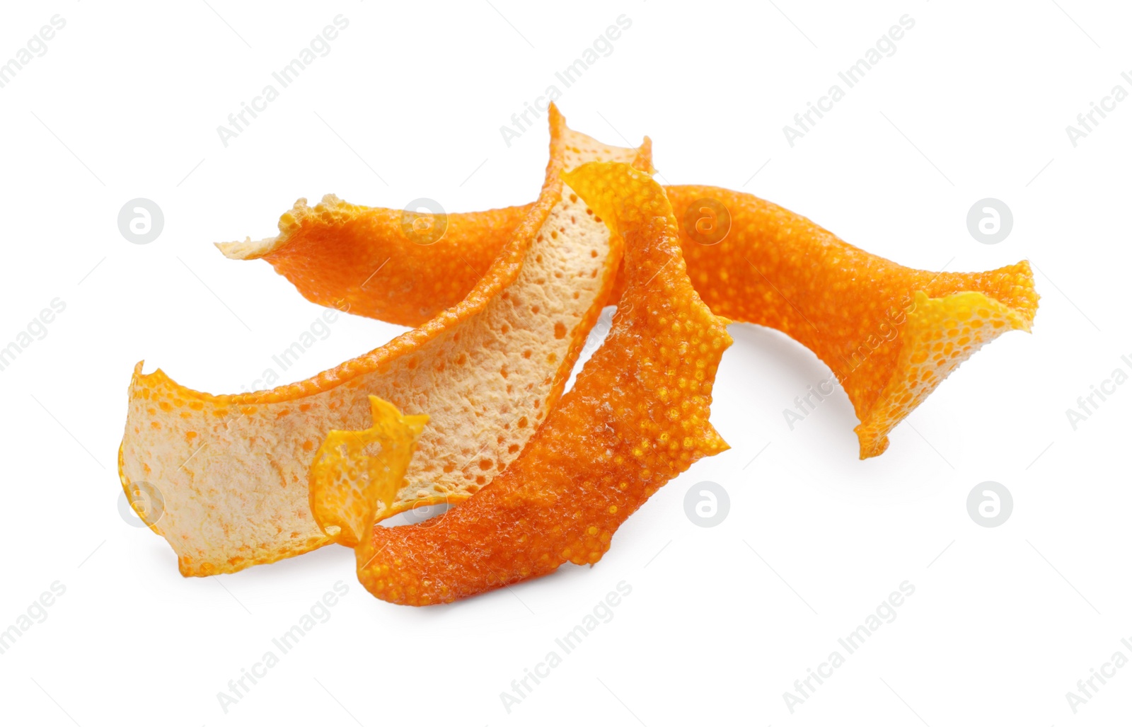 Photo of Pile of dry orange peels on white background