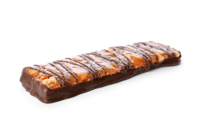 Image of Tasty granola bar with chocolate on white background