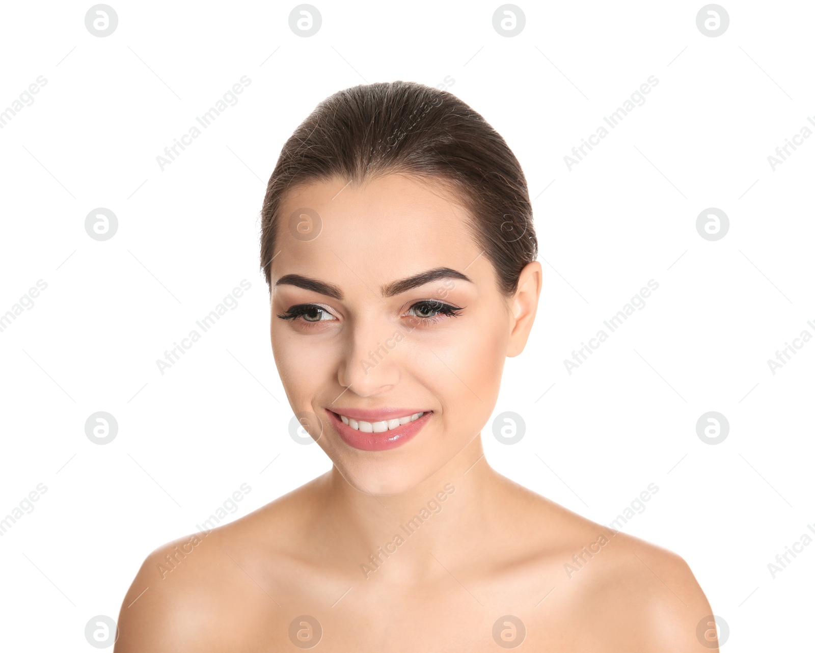 Photo of Young woman with beautiful makeup on white background. Professional cosmetic products