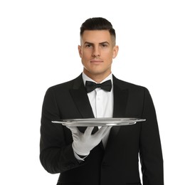 Photo of Elegant butler holding silver tray isolated on white