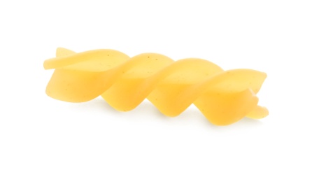 Photo of Uncooked fusilli pasta on white background