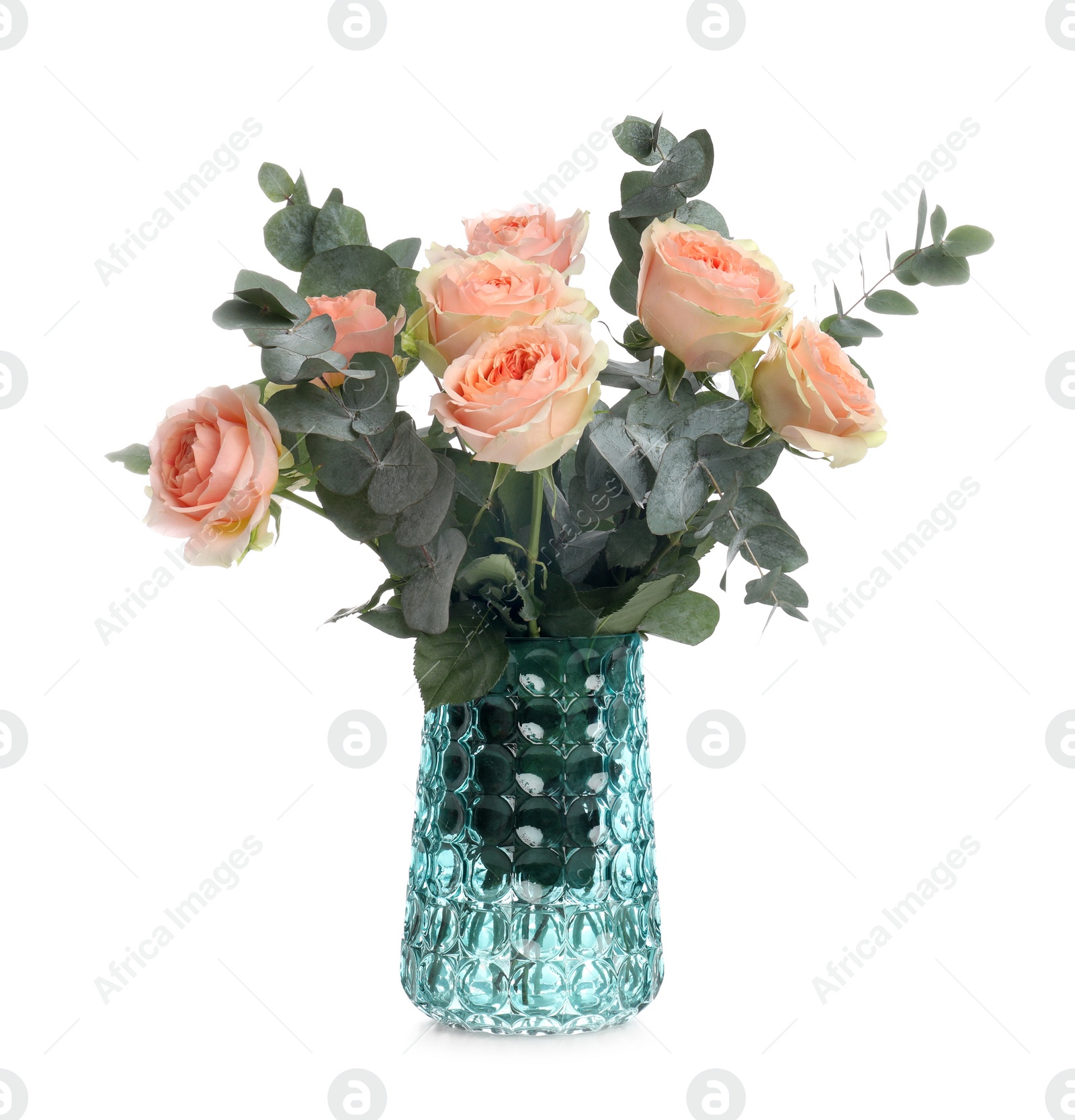 Photo of Vase with bouquet of beautiful roses on white background