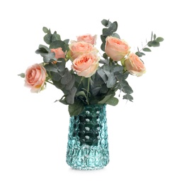 Vase with bouquet of beautiful roses on white background