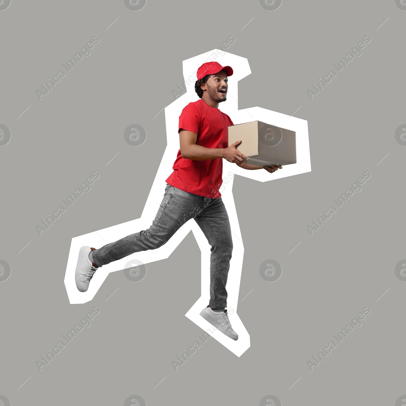 Image of Surprised courier with parcel running on grey background