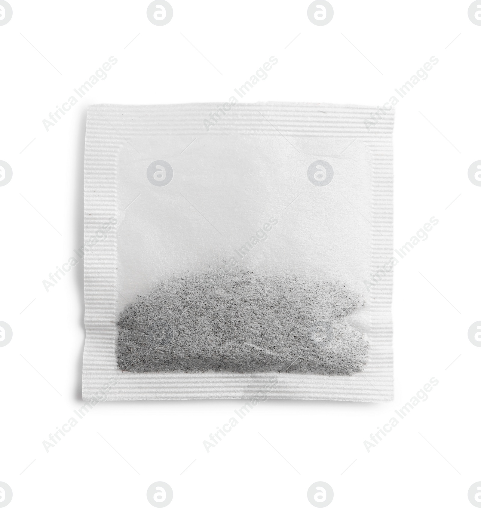 Photo of New square tea bag isolated on white, top view