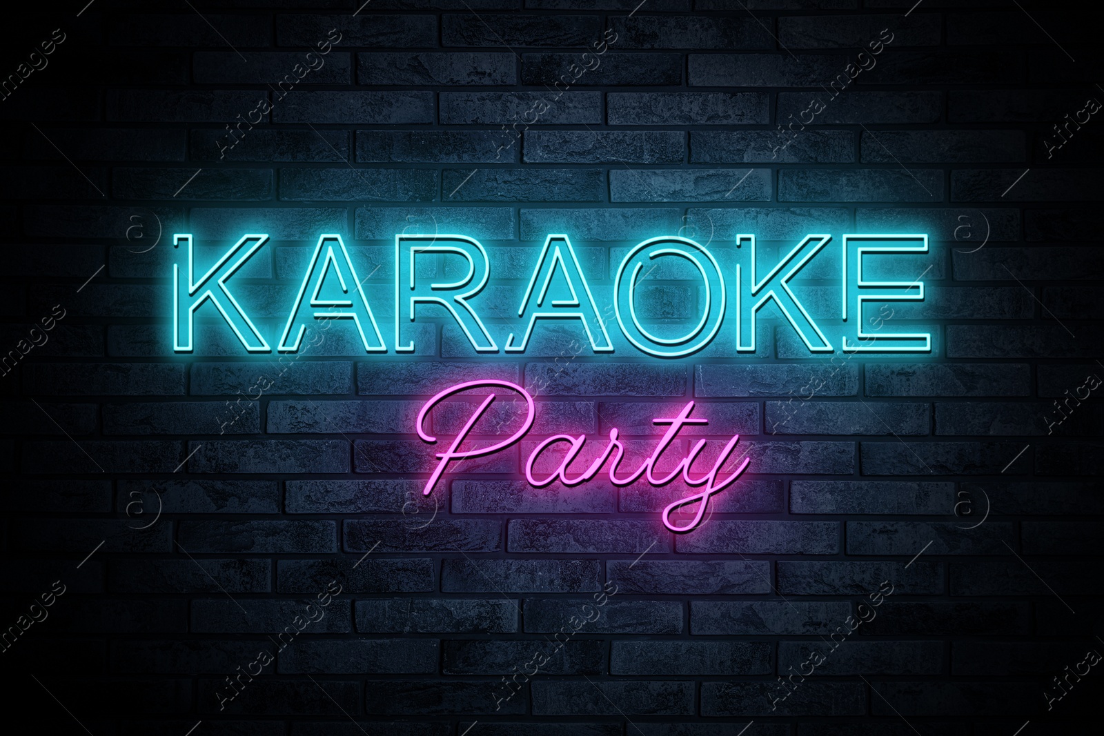 Illustration of Glowing neon sign with words Karaoke Party on brick wall