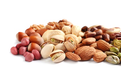 Photo of Pile of mixed organic nuts on white background