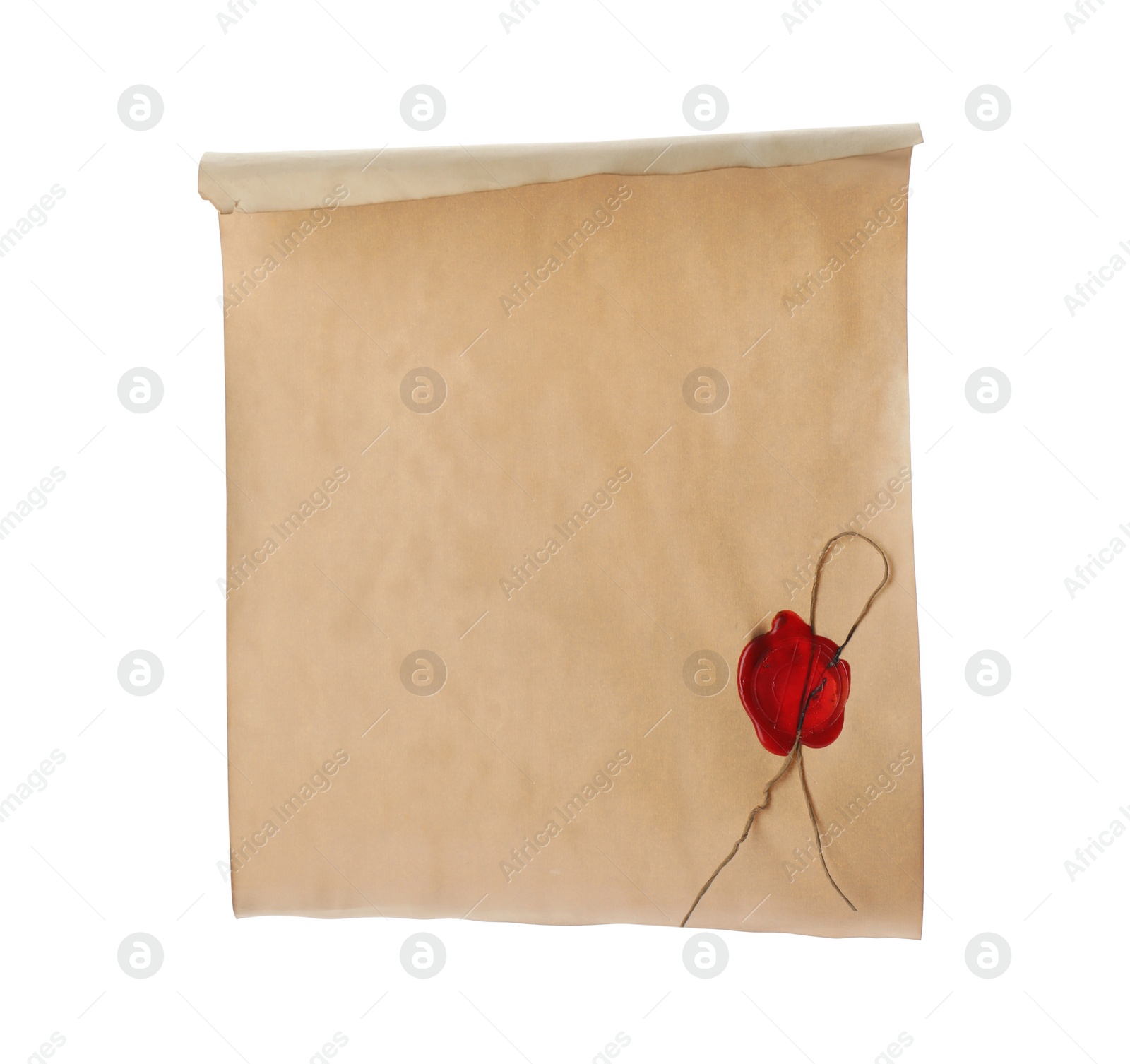 Photo of Sheet of old parchment paper with wax stamp isolated on white. Space for design