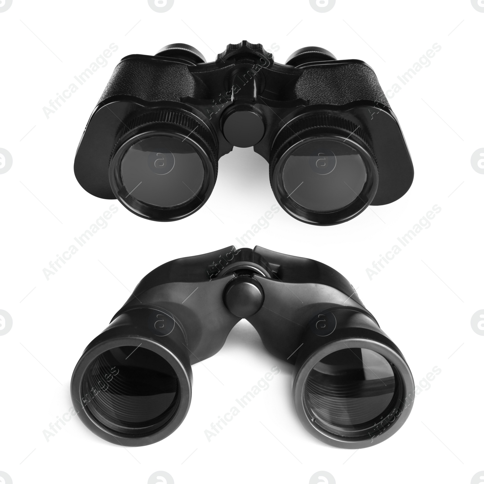 Image of Two different black binoculars on white background