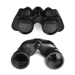 Two different black binoculars on white background