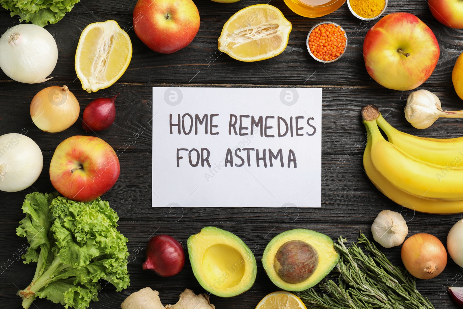 Photo of Natural products and note with text HOME REMEDIES FOR ASTHMA on wooden background, flat lay