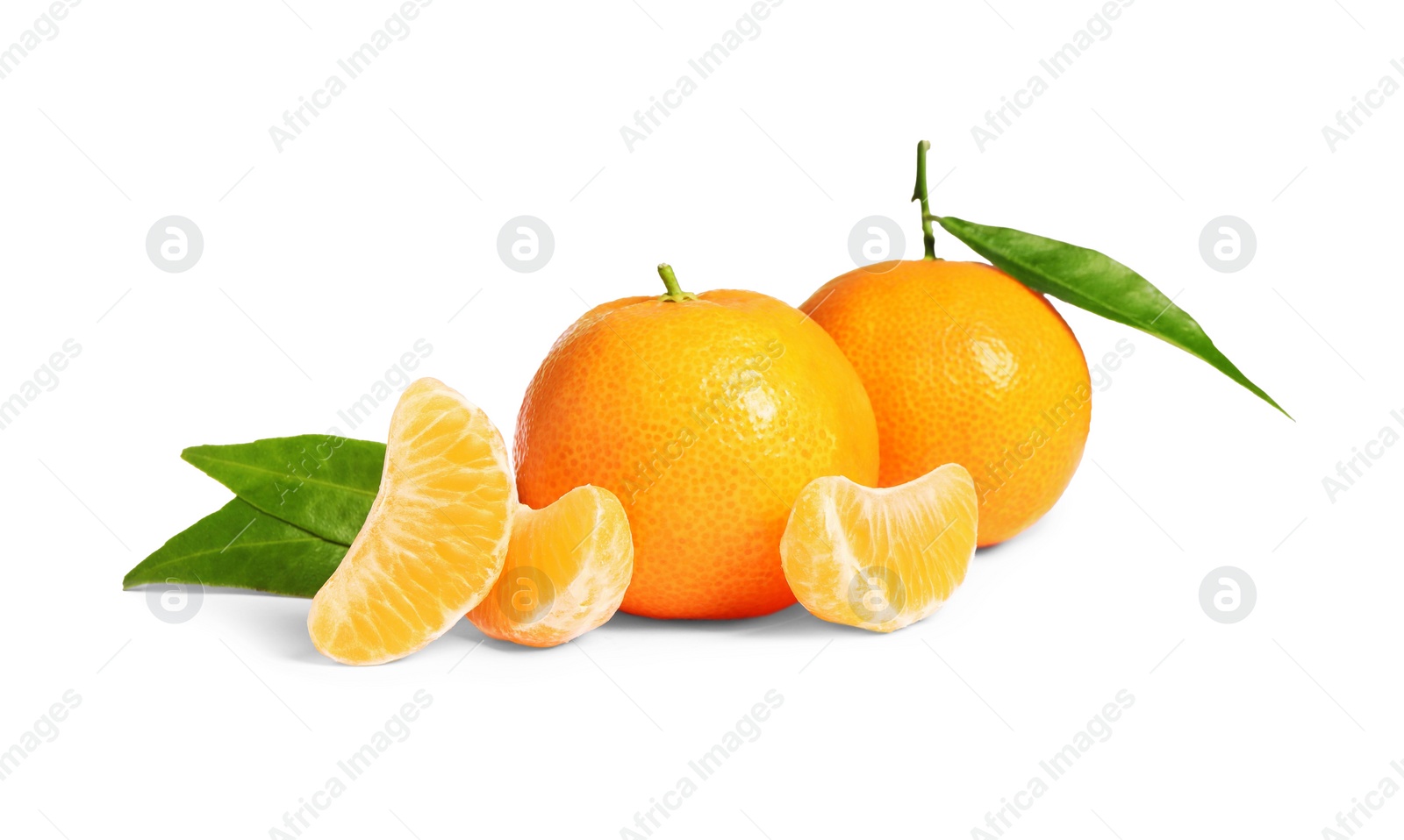 Photo of Fresh ripe juicy tangerines with green leaves isolated on white