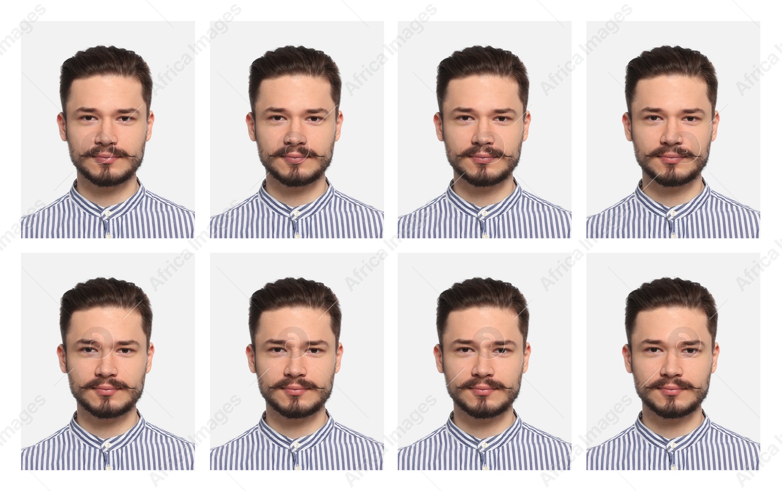 Image of Passport photo, collage. Man on white background, set of photos