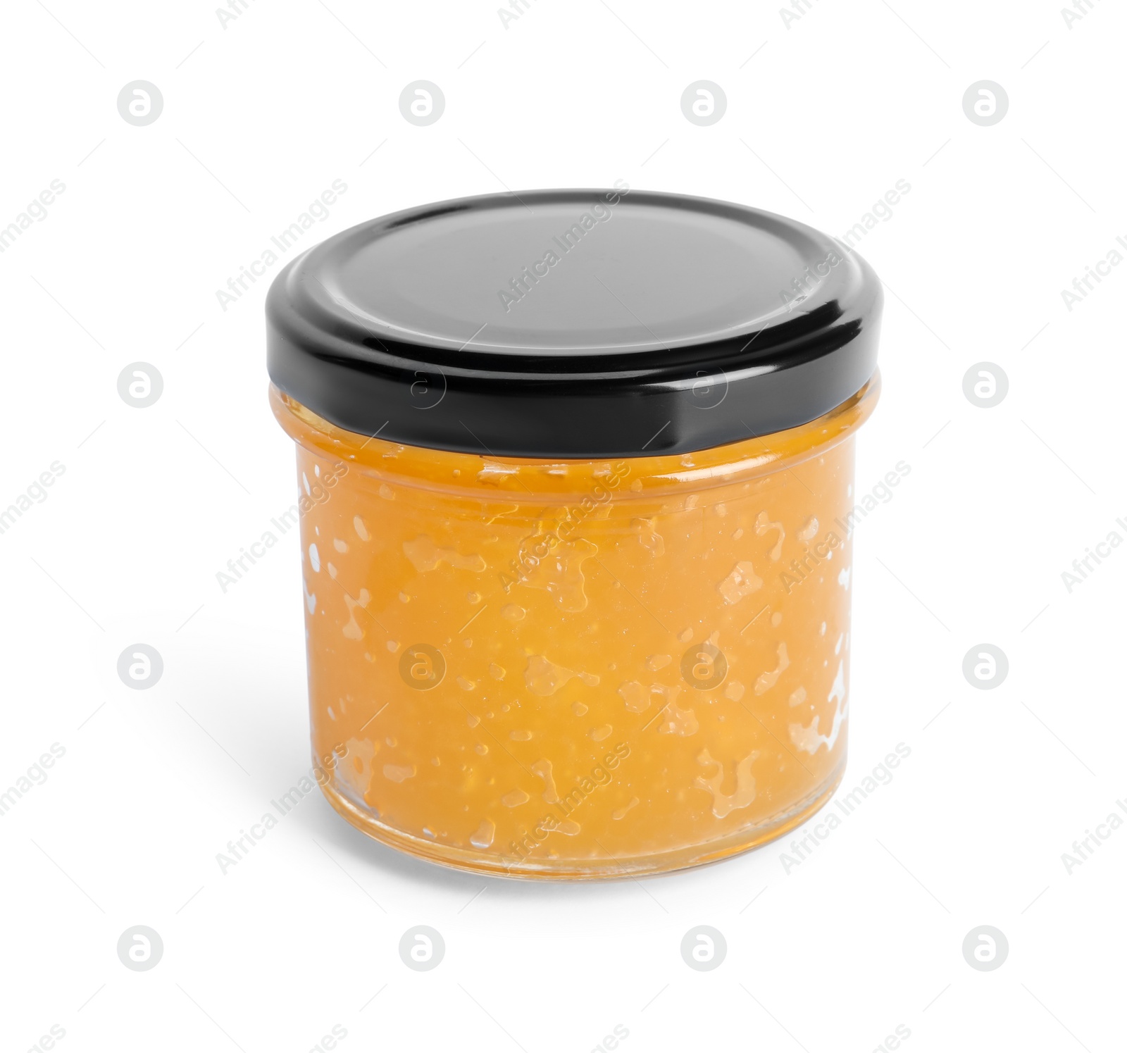 Photo of Fresh pike caviar in glass jar isolated on white