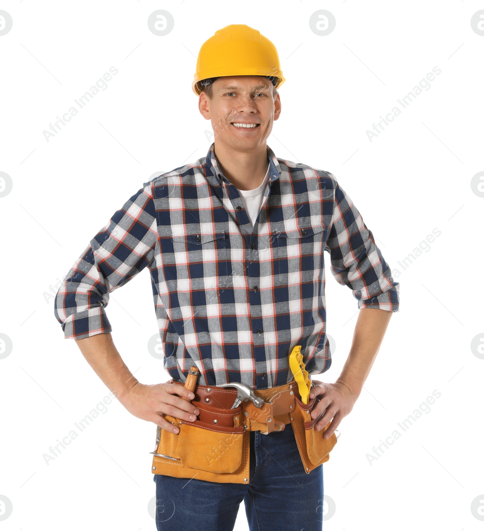 Photo of Handsome carpenter with tool belt isolated on white