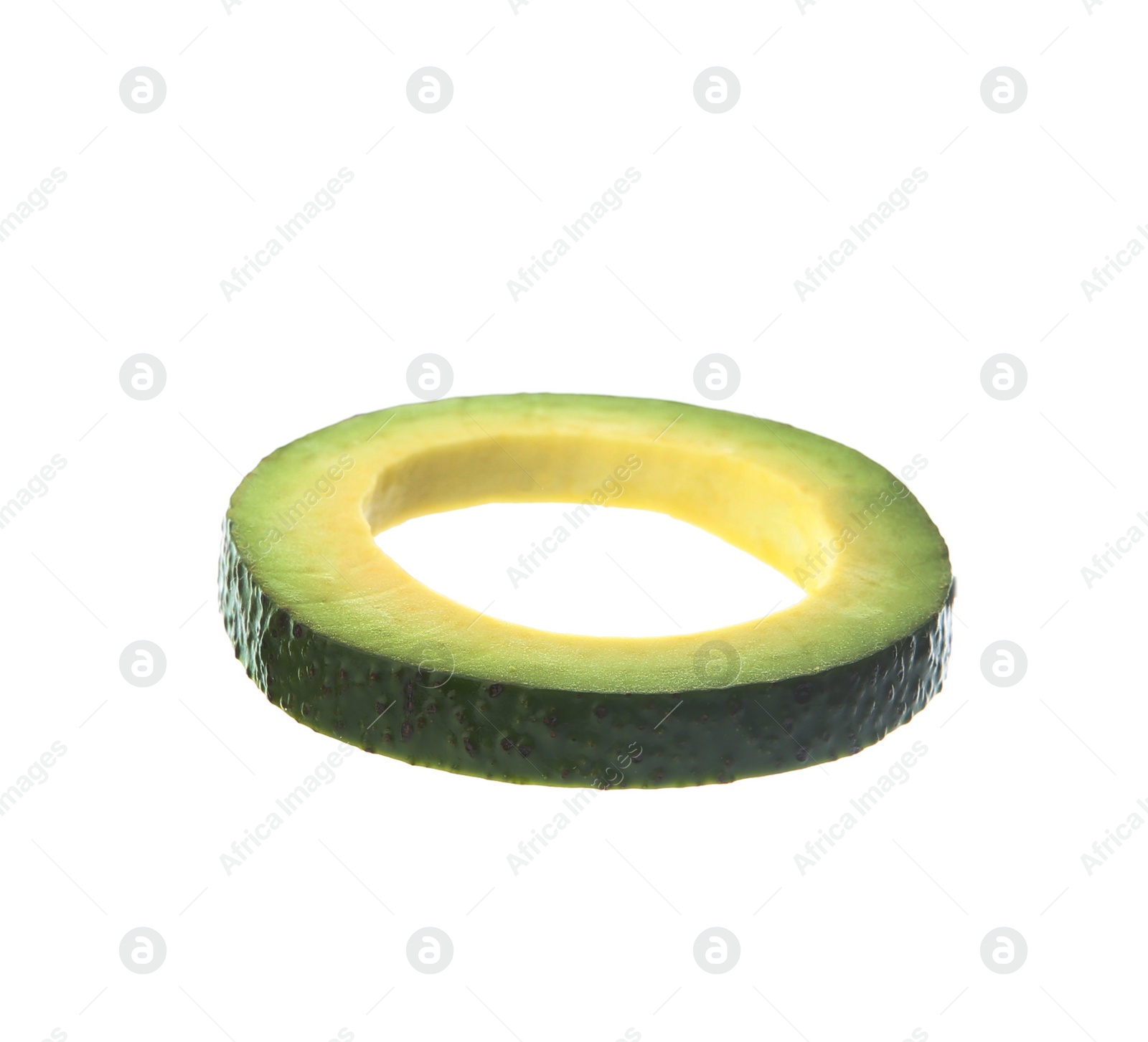 Photo of Slice of ripe avocado on white background