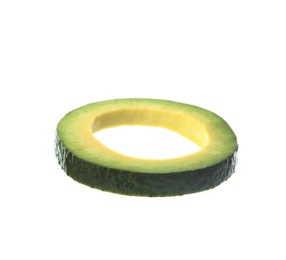 Photo of Slice of ripe avocado on white background