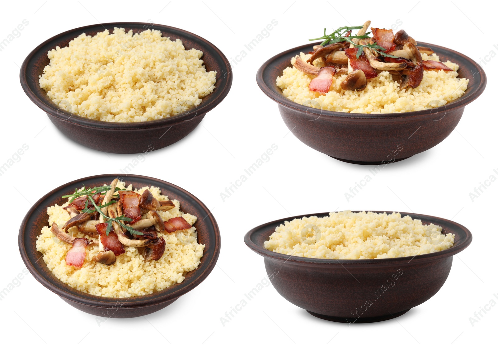 Image of Tasty couscous in bowls isolated on white, set