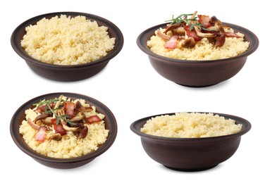 Image of Tasty couscous in bowls isolated on white, set