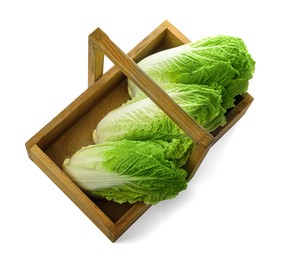 Photo of Fresh tasty Chinese cabbages in wooden crate on white background, above view