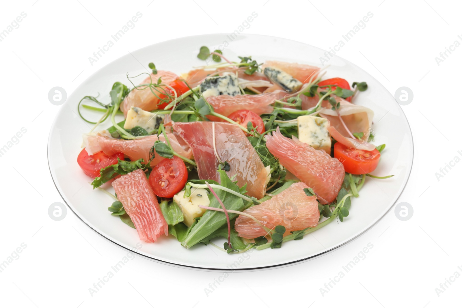 Photo of Delicious pomelo salad with prosciutto and cheese on white background