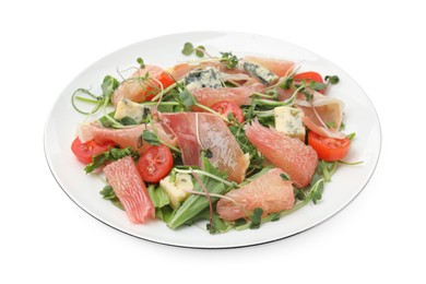 Delicious pomelo salad with prosciutto and cheese on white background