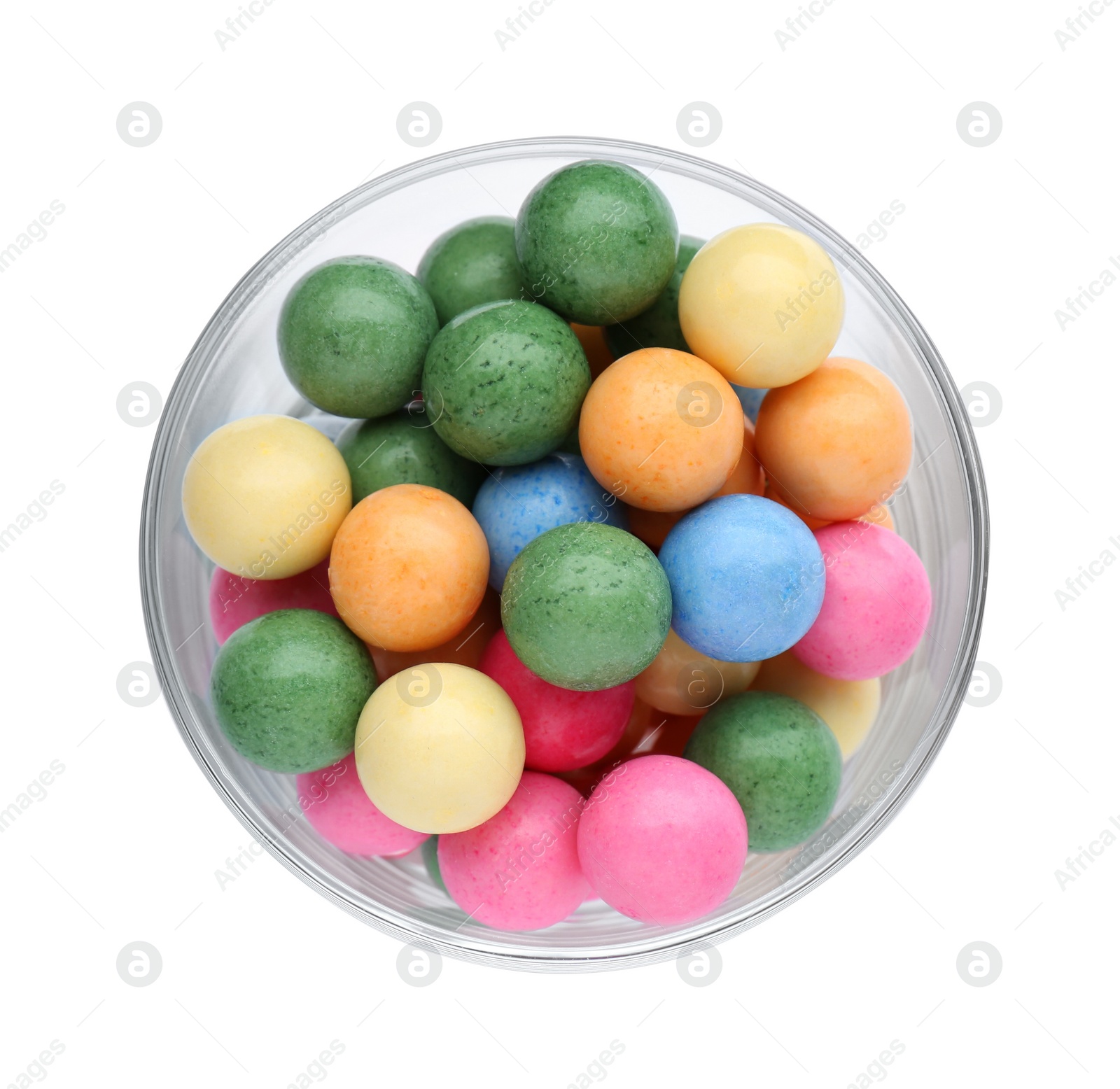Photo of Bowl with many bright gumballs isolated on white, top view