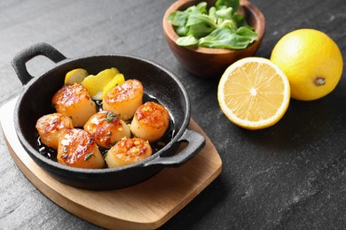 Delicious fried scallops, lemons and corn salad on dark gray textured table