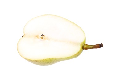 Photo of Half of ripe pear on white background