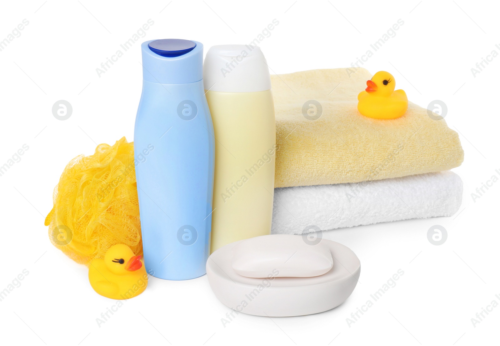 Photo of Baby cosmetic products, bath ducks, sponge and towels isolated on white