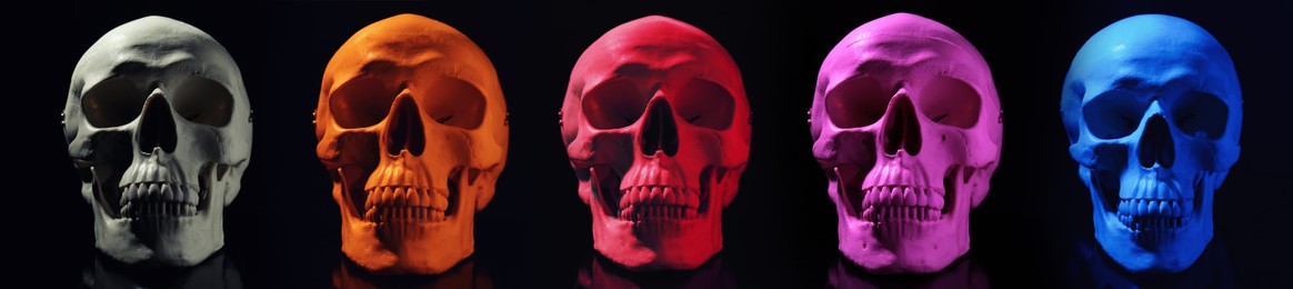 Image of Set with multicolor human skulls on black background. Banner design