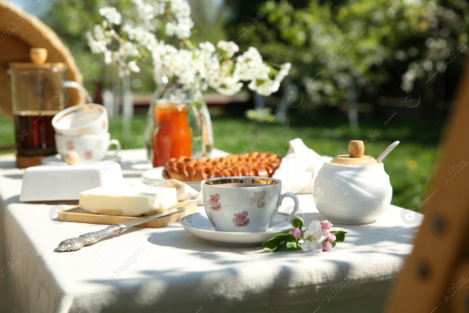 Photo of Beautiful table setting in spring garden on sunny day