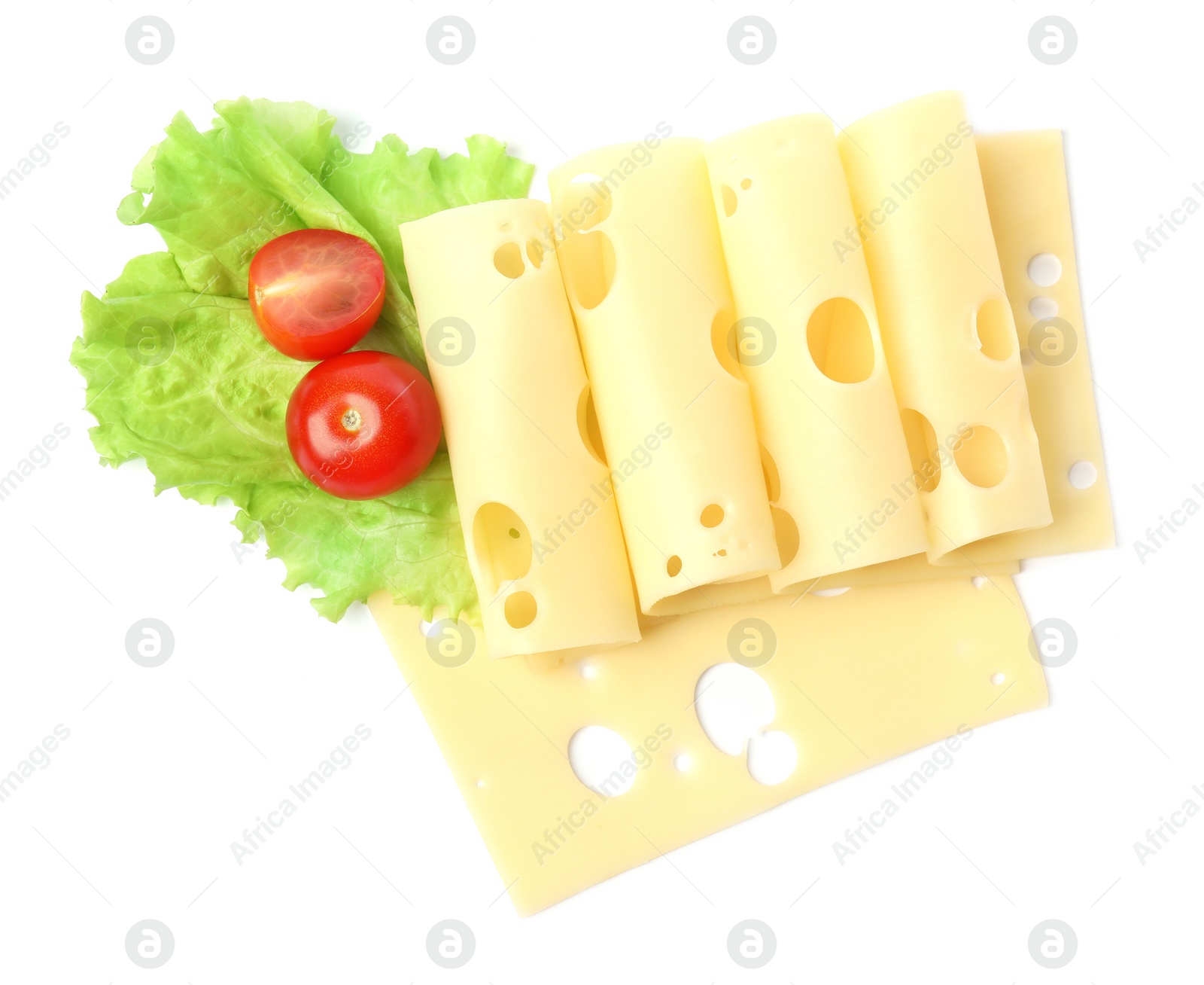 Photo of Slices of tasty fresh cheese, tomatoes and lettuce isolated on white, top view