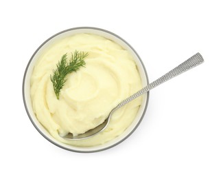 Photo of Bowl with freshly cooked homemade mashed potatoes and spoon isolated on white, top view