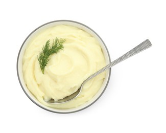 Bowl with freshly cooked homemade mashed potatoes and spoon isolated on white, top view