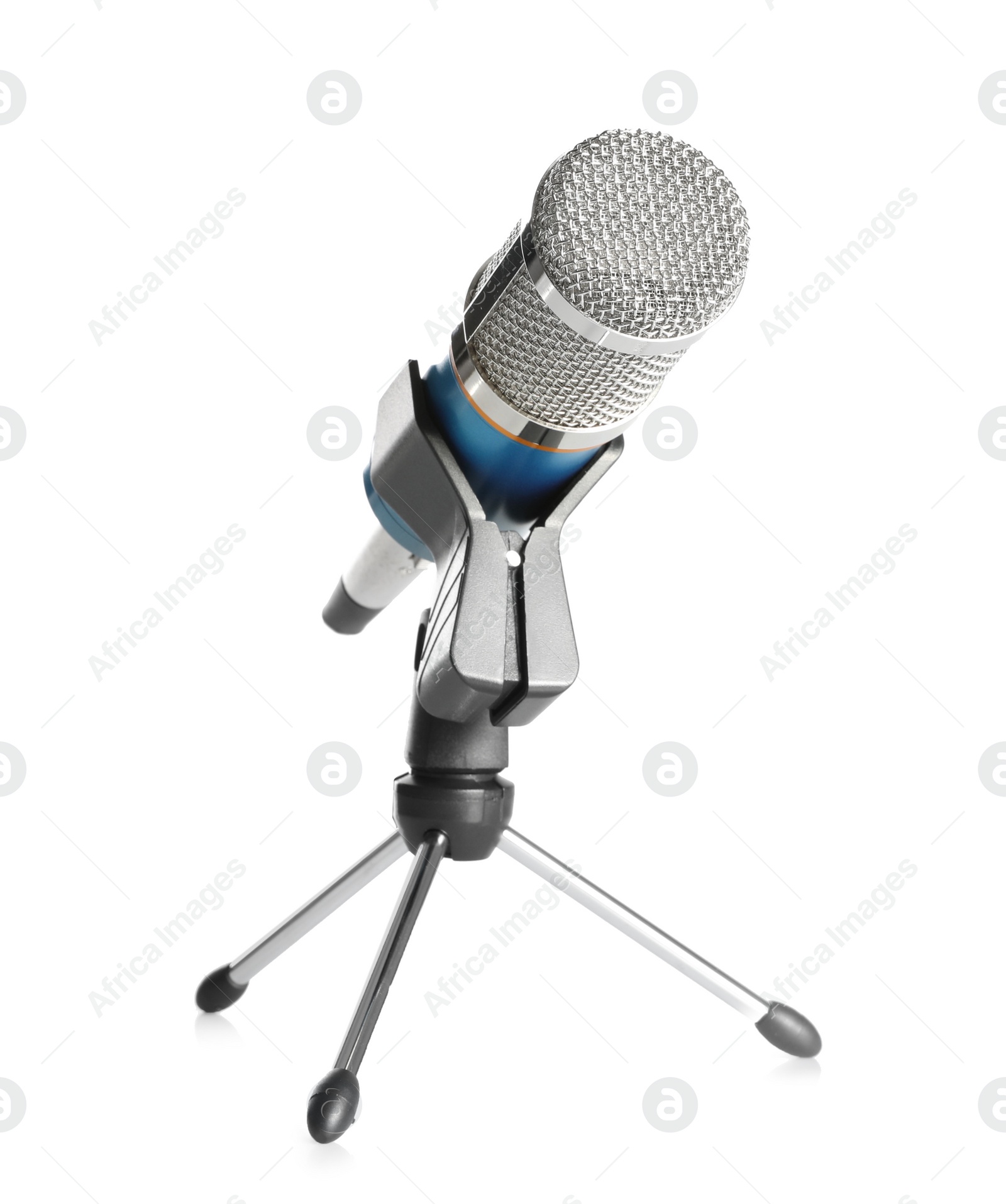 Photo of Modern microphone isolated on white. Journalist's equipment