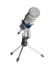 Modern microphone isolated on white. Journalist's equipment