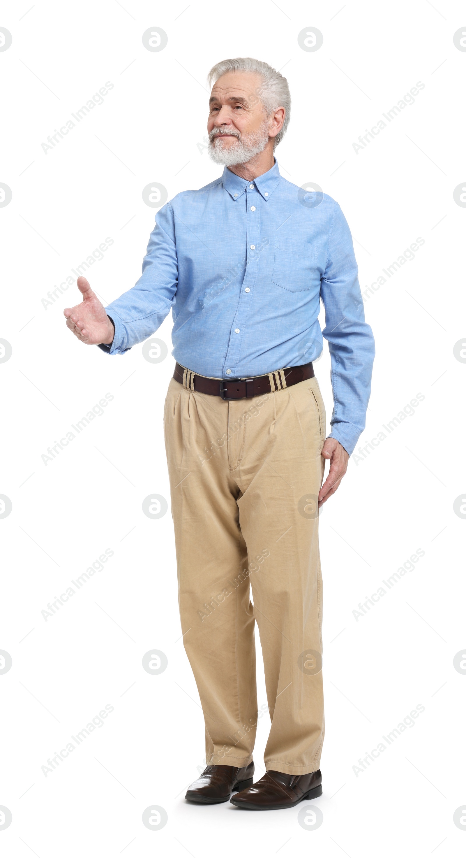 Photo of Senior man greeting someone on white background